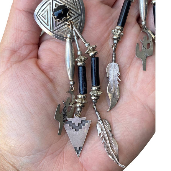 Vintage Deborah West 925 Sterling Silver Southwest Onyx Earrings Stud Dangle - Picture 3 of 6